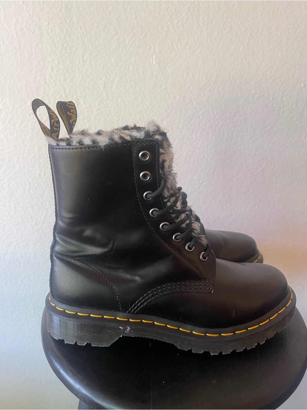 Dr. Martens Black and Gray Faux Fur-Lined Lace-Up Boots
